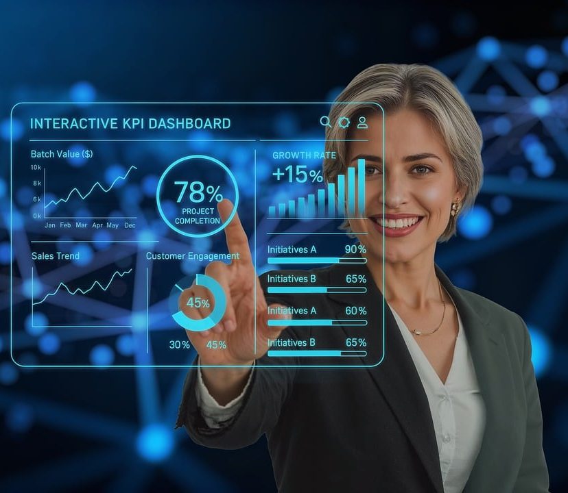 digital technology, business intelligence, data analysis, performance metrics, interactive display, woman, professional, technology, progress, analytics, growth rate, project completion, customer engagement, sales trend, visualization, future, innovation, interface, management, ai generated
